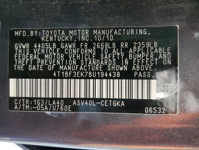 4T1BF3EK7BU194438 - 2011 TOYOTA CAMRY BASE Szary zdjęcie 12