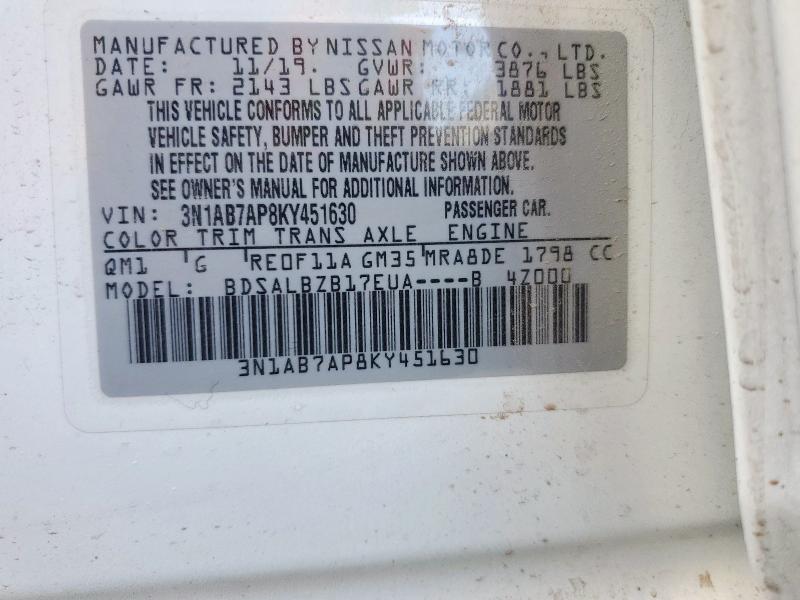 3N1AB7AP8KY451630 - 2019 NISSAN SENTRA S WHITE photo 12