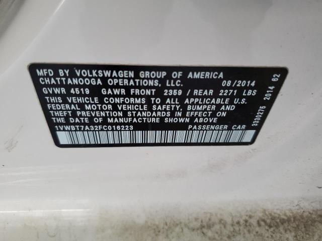 1VWBT7A32FC016223 - 2015 VOLKSWAGEN PASSAT SE თეთრი ფოტო 13