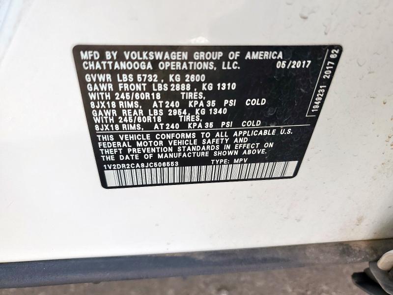 1V2DR2CA8JC506553 - 2018 VOLKSWAGEN ATLAS SE Білий фото 14