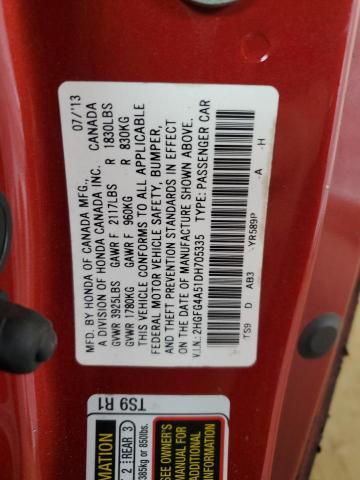 2HGFG4A51DH705335 - 2013 HONDA CIVIC SI RED photo 12