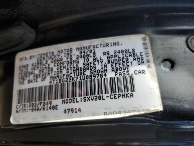 4T1BG22K71U089764 - 2001 TOYOTA CAMRY CE BLACK photo 12
