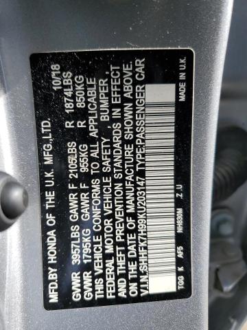 SHHFK7H99KU203147 - 2019 HONDA CIVIC SPORT TOURING SILVER photo 12