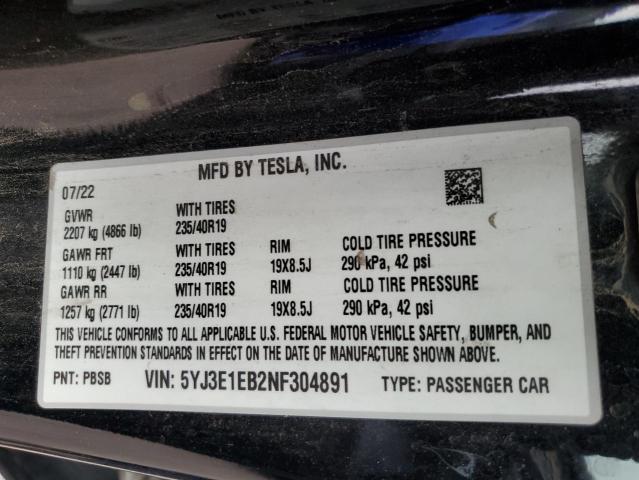 5YJ3E1EB2NF304891 - 2022 TESLA MODEL 3 Schwarz Foto 12