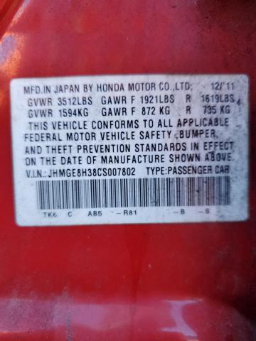 JHMGE8H38CS007802 - 2012 HONDA FIT RED photo 13