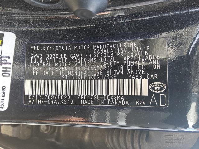 2T1BURHE6KC237165 - 2019 TOYOTA COROLLA L Қара фото 12