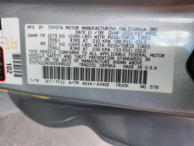 5TETX22N39Z648622 - 2009 TOYOTA TACOMA ACCESS CAB Сріблястий фото 12