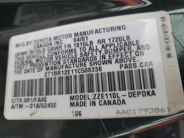 2T1BR12E11C508336 - 2001 TOYOTA COROLLA CE GREEN photo 12