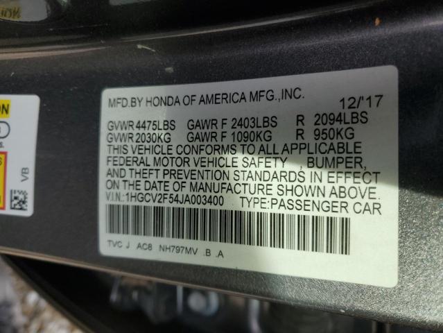 1HGCV2F54JA003400 - 2018 HONDA ACCORD EXL GRAY photo 12