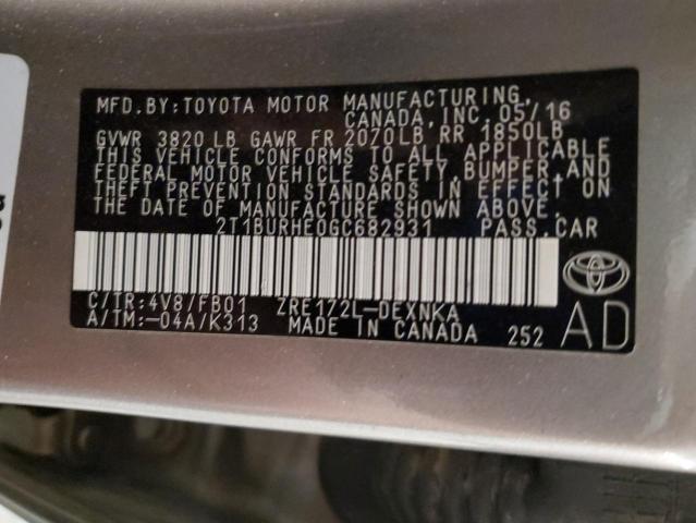 2T1BURHE0GC682931 - 2016 TOYOTA COROLLA L TAN photo 12