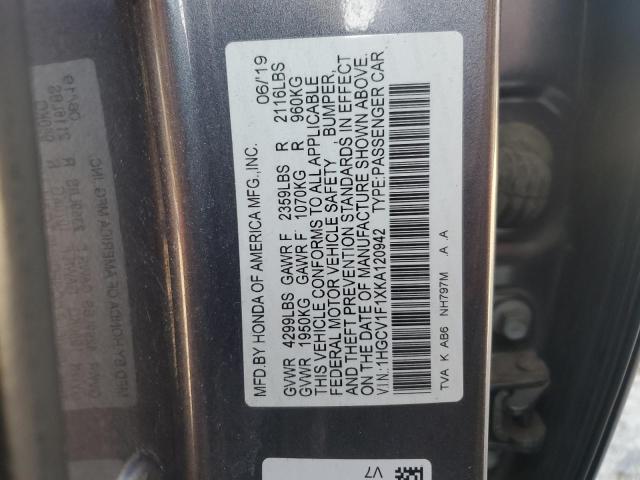 1HGCV1F1XKA120942 - 2019 HONDA ACCORD LX ნაცრისფერი ფოტო 13