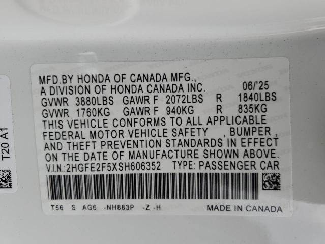 2HGFE2F5XSH606352 - 2025 HONDA CIVIC SPORT Blanc photo 13