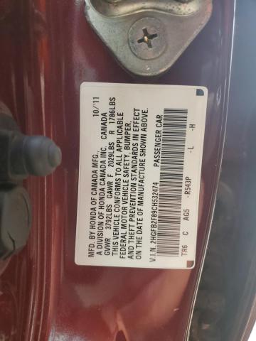 2HGFB2F89CH532474 - 2012 HONDA CIVIC EX BURGUNDY photo 12