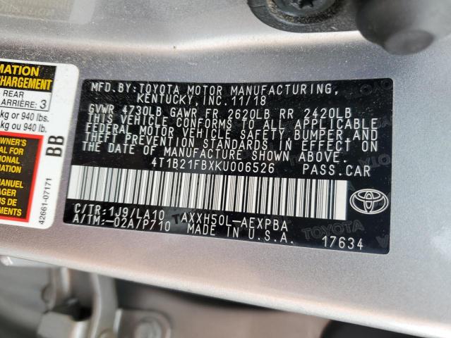4T1B21FBXKU006526 - 2019 TOYOTA AVALON XLE SILVER photo 12