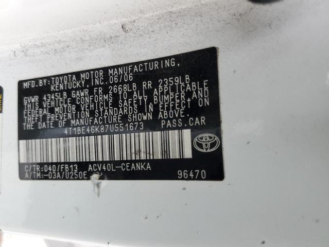4T1BE46K87U551673 - 2007 TOYOTA CAMRY CE 白色 照片 13