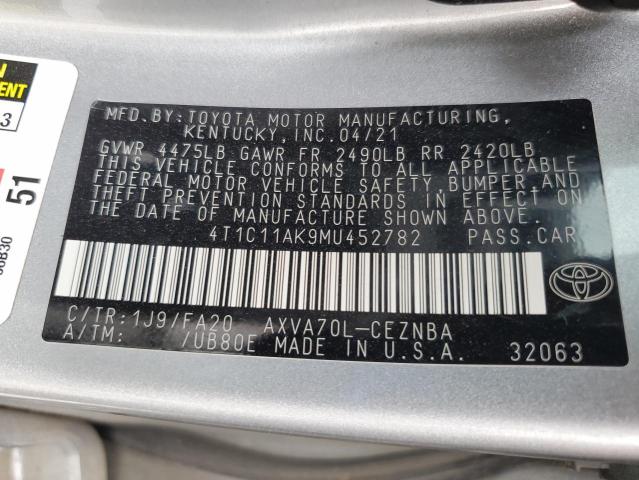 4T1C11AK9MU452782 - 2021 TOYOTA CAMRY LE SILVER photo 12