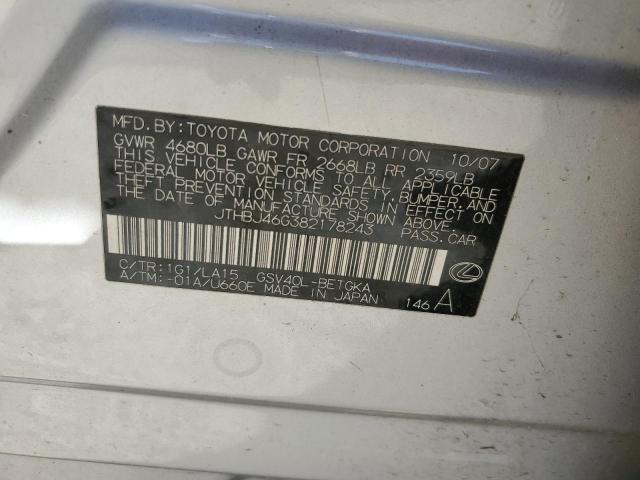 JTHBJ46G382178243 - 2008 LEXUS ES 350 SILVER photo 12