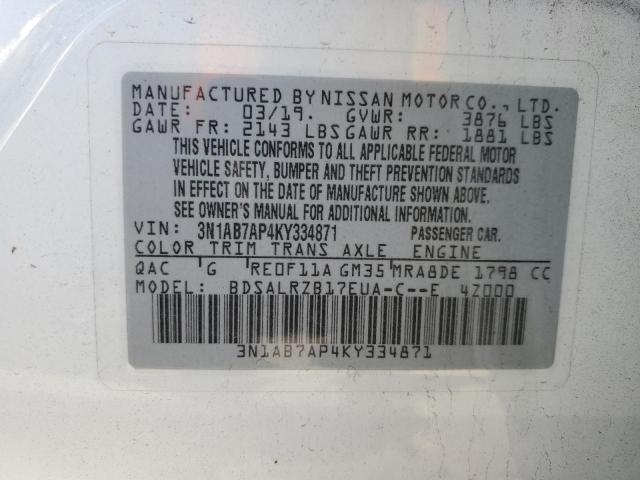 3N1AB7AP4KY334871 - 2019 NISSAN SENTRA S WHITE photo 12