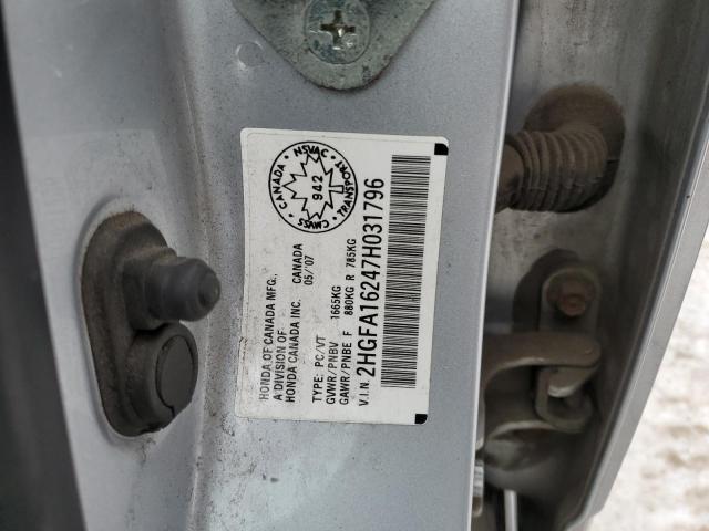 2HGFA16247H031796 - 2007 HONDA CIVIC DX SILVER photo 12