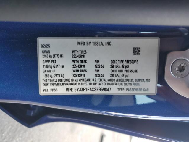 5YJ3E1EAXSF969847 - 2025 TESLA MODEL 3 Көк фото 12