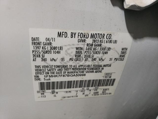 1FMHK7F87BGA50998 - 2011 FORD EXPLORER LIMITED WHITE photo 13