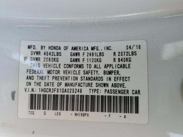 1HGCR3F91GA025246 - 2016 HONDA ACCORD TOURING WHITE photo 12