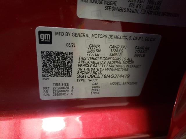 3GTU9CET8MG374479 - 2021 GMC SIERRA K1500 ELEVATION RED photo 12