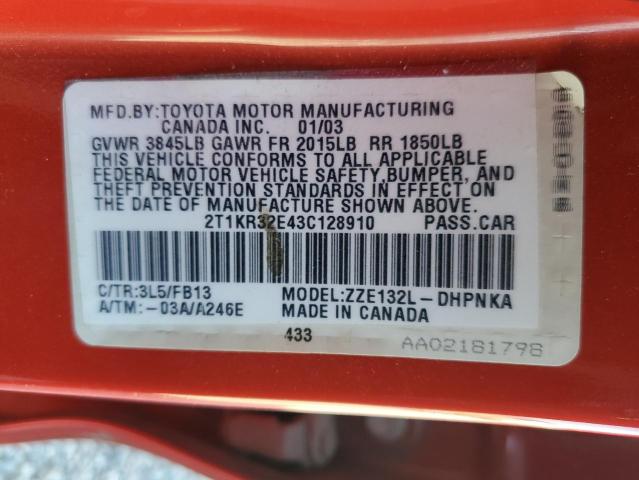 2T1KR32E43C128910 - 2003 TOYOTA COROLLA MA XR RED photo 12