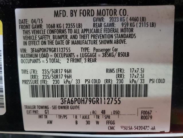 3FA6P0H79GR112755 - 2016 FORD FUSION SE BLACK photo 13