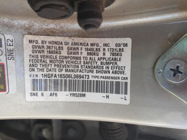 1HGFA16506L069473 - 2006 HONDA CIVIC LX 金色 照片 12