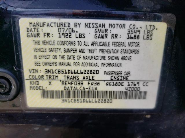 3N1CB51D66L622820 - 2006 NISSAN SENTRA 1.8 BLACK photo 12