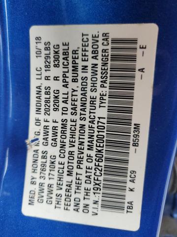 19XFC2F60KE001071 - 2019 HONDA CIVIC LX Mavi foto 13