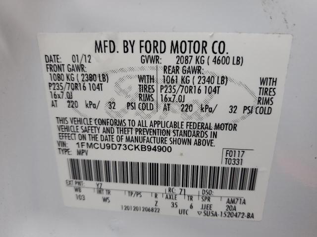 1FMCU9D73CKB94900 - 2012 FORD ESCAPE XLT WHITE photo 14