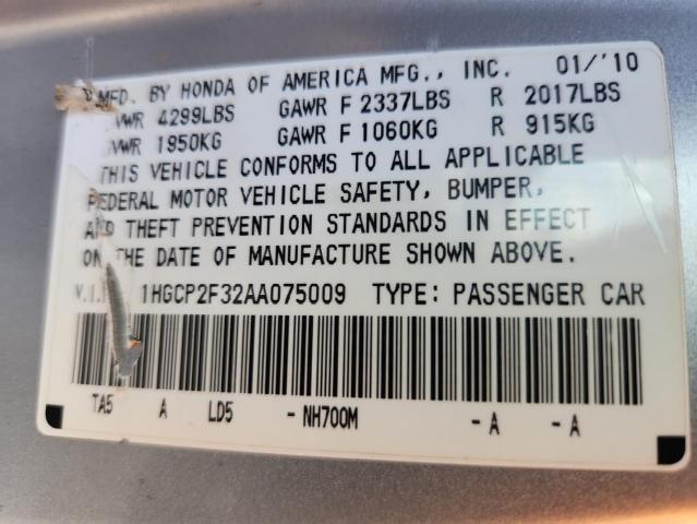 1HGCP2F32AA075009 - 2010 HONDA ACCORD LX ვერცხლისფერი ფოტო 12