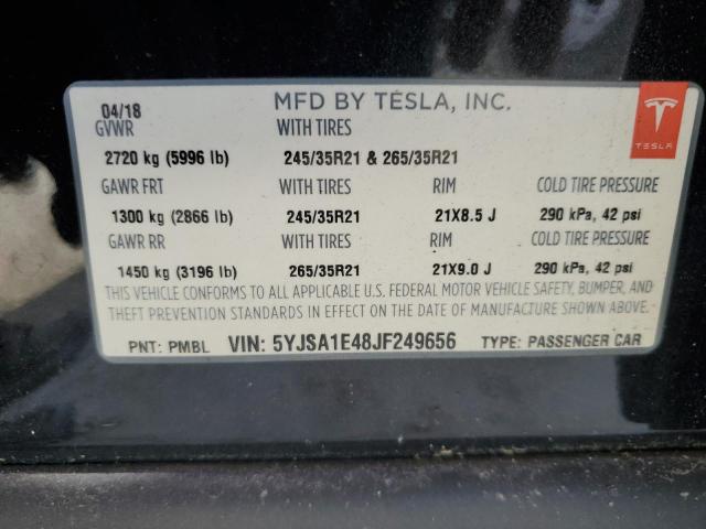 5YJSA1E48JF249656 - 2018 TESLA MODEL S Սև լուսանկար 12