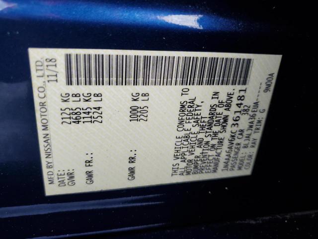 1N4AA6AV6KC361481 - 2019 NISSAN MAXIMA S BLUE photo 12