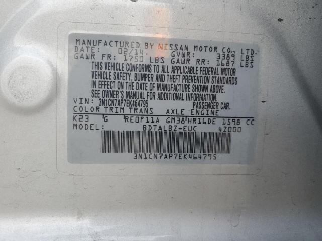 3N1CN7AP7EK464795 - 2014 NISSAN VERSA S SILVER photo 12