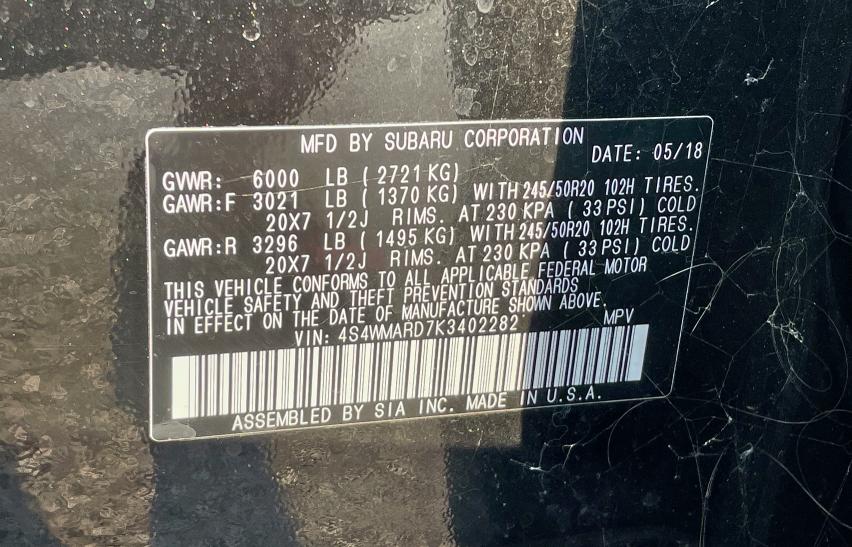 4S4WMARD7K3402282 - 2019 SUBARU ASCENT TOURING Schwarz Foto 10