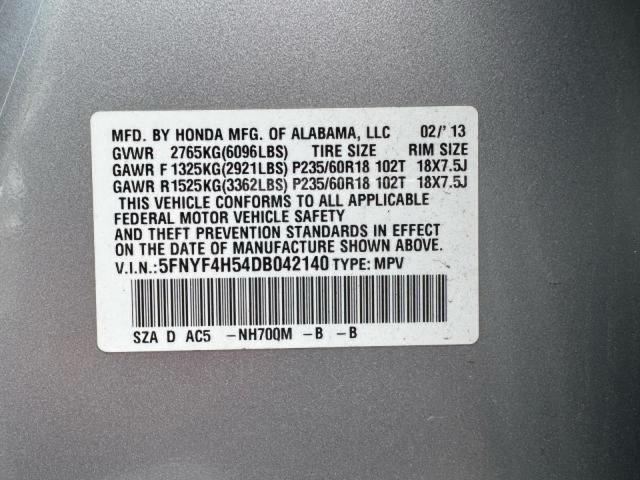 5FNYF4H54DB042140 - 2013 HONDA PILOT EXL ნაცრისფერი ფოტო 10
