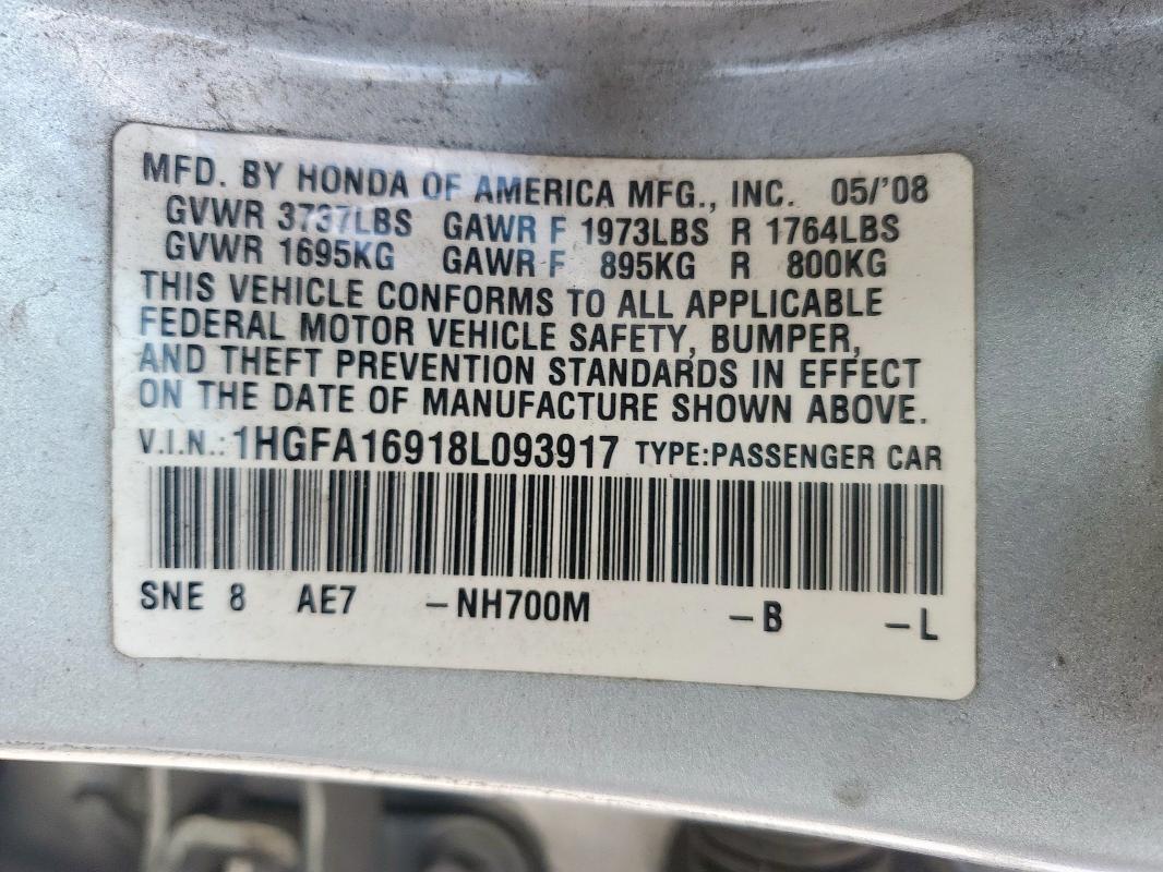 1HGFA16918L093917 - 2008 HONDA CIVIC EXL Күміс фото 12