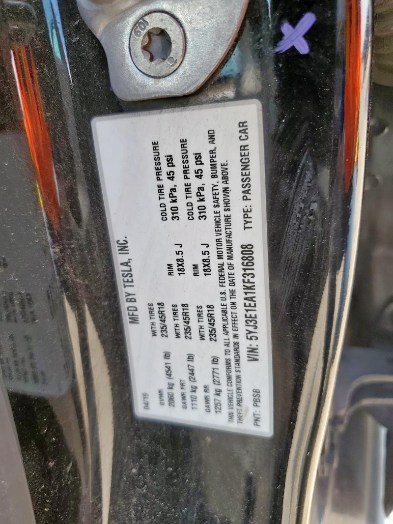 5YJ3E1EA1KF316808 - 2019 TESLA MODEL 3 შავი ფოტო 13