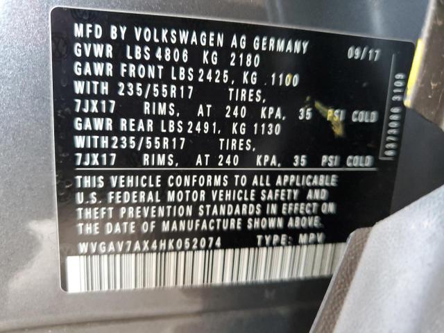 WVGAV7AX4HK052074 - 2017 VOLKSWAGEN TIGUAN S GRAY photo 12