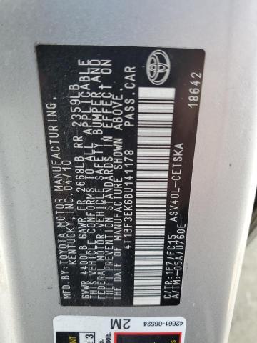 4T1BF3EK6BU141178 - 2011 TOYOTA CAMRY BASE SILVER photo 12