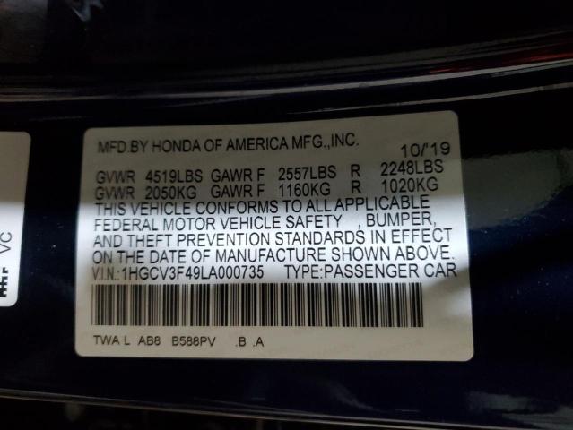 1HGCV3F49LA000735 - 2020 HONDA ACCORD HYBRID EX BLUE photo 12