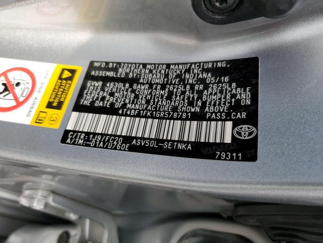 4T4BF1FK1GR578781 - 2016 TOYOTA CAMRY LE SILVER photo 12