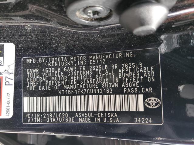 4T1BF1FK7CU112163 - 2012 TOYOTA CAMRY BASE BLACK photo 12