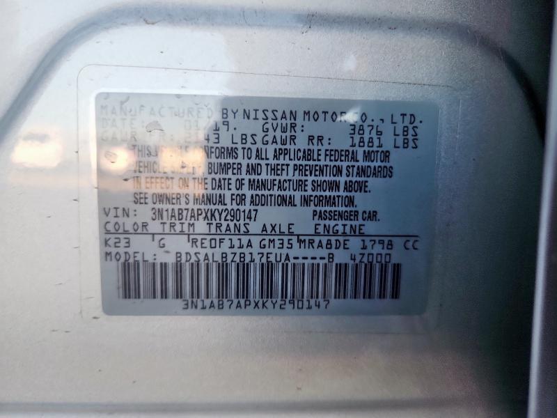 3N1AB7APXKY290147 - 2019 NISSAN SENTRA S ვერცხლისფერი ფოტო 12