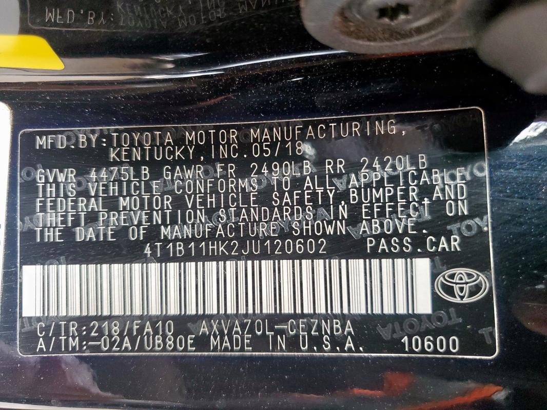 4T1B11HK2JU120602 - 2018 TOYOTA CAMRY L BLACK photo 12