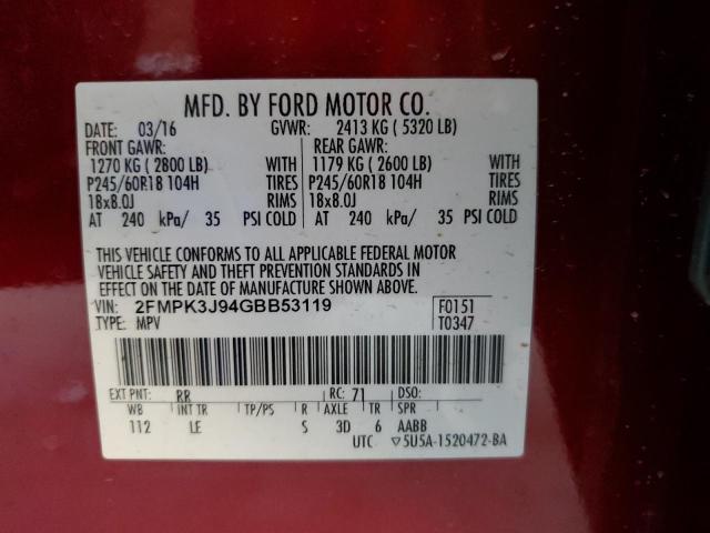 2FMPK3J94GBB53119 - 2016 FORD EDGE SEL Կարմիր լուսանկար 12