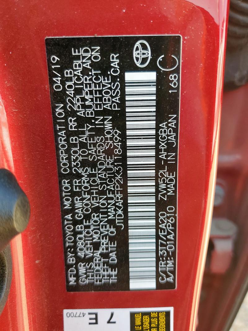 JTDKARFP2K3118499 - 2019 TOYOTA PRIUS PRIM Қызыл фото 12